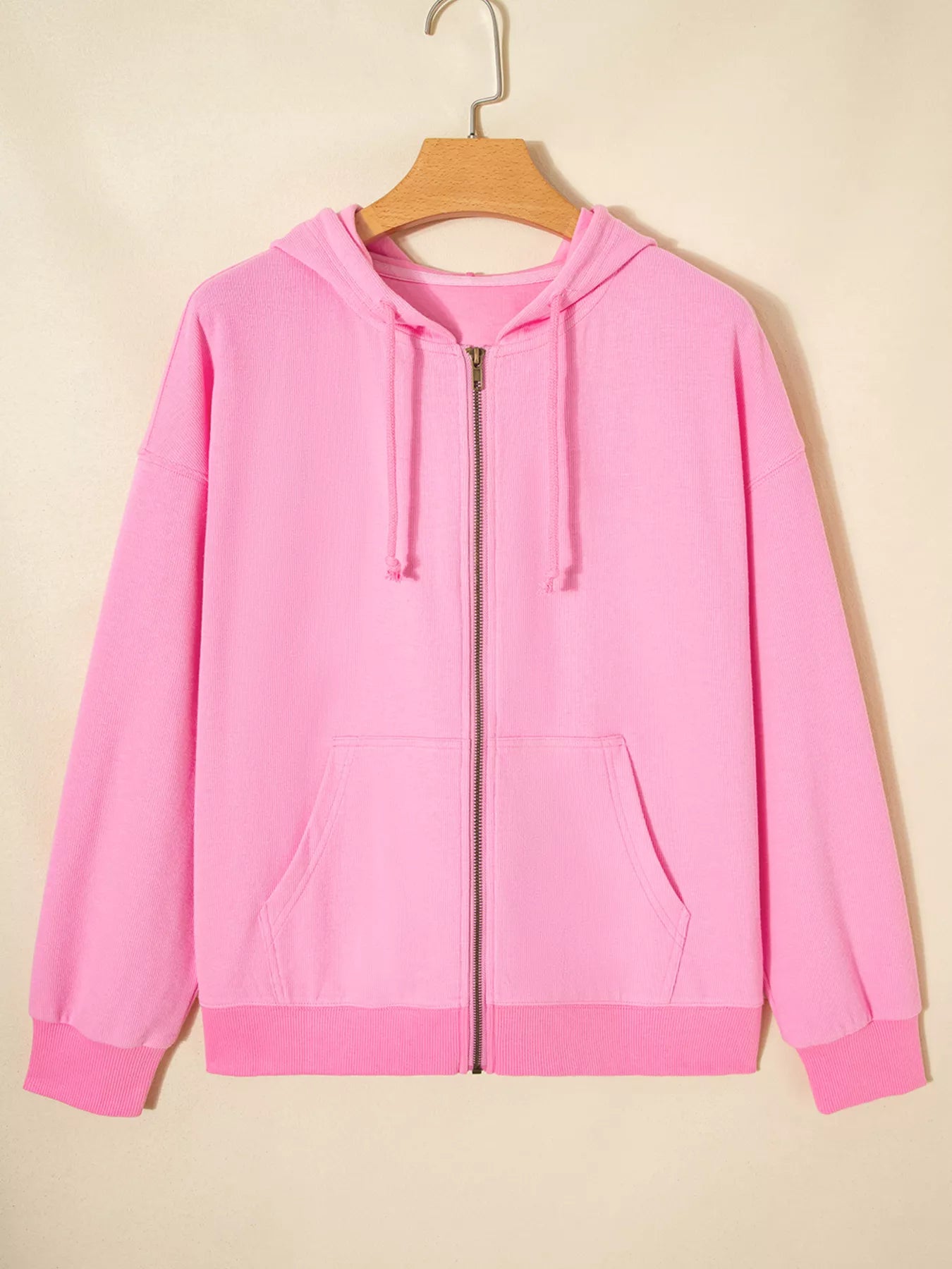 Solid Color Ribbed Zip Up Drawstring Hooded Jacket-Nordavory