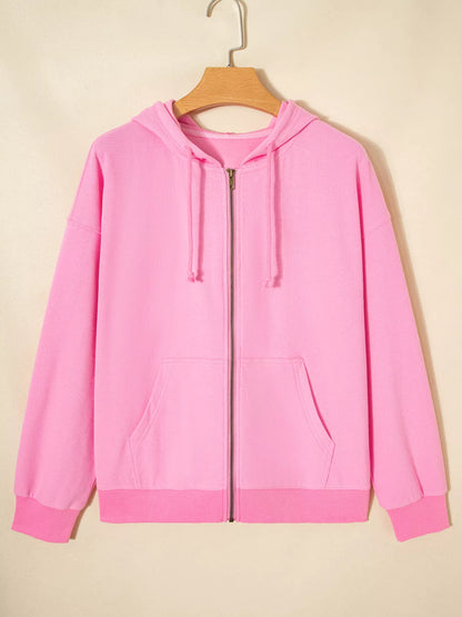 Solid Color Ribbed Zip Up Drawstring Hooded Jacket-Nordavory