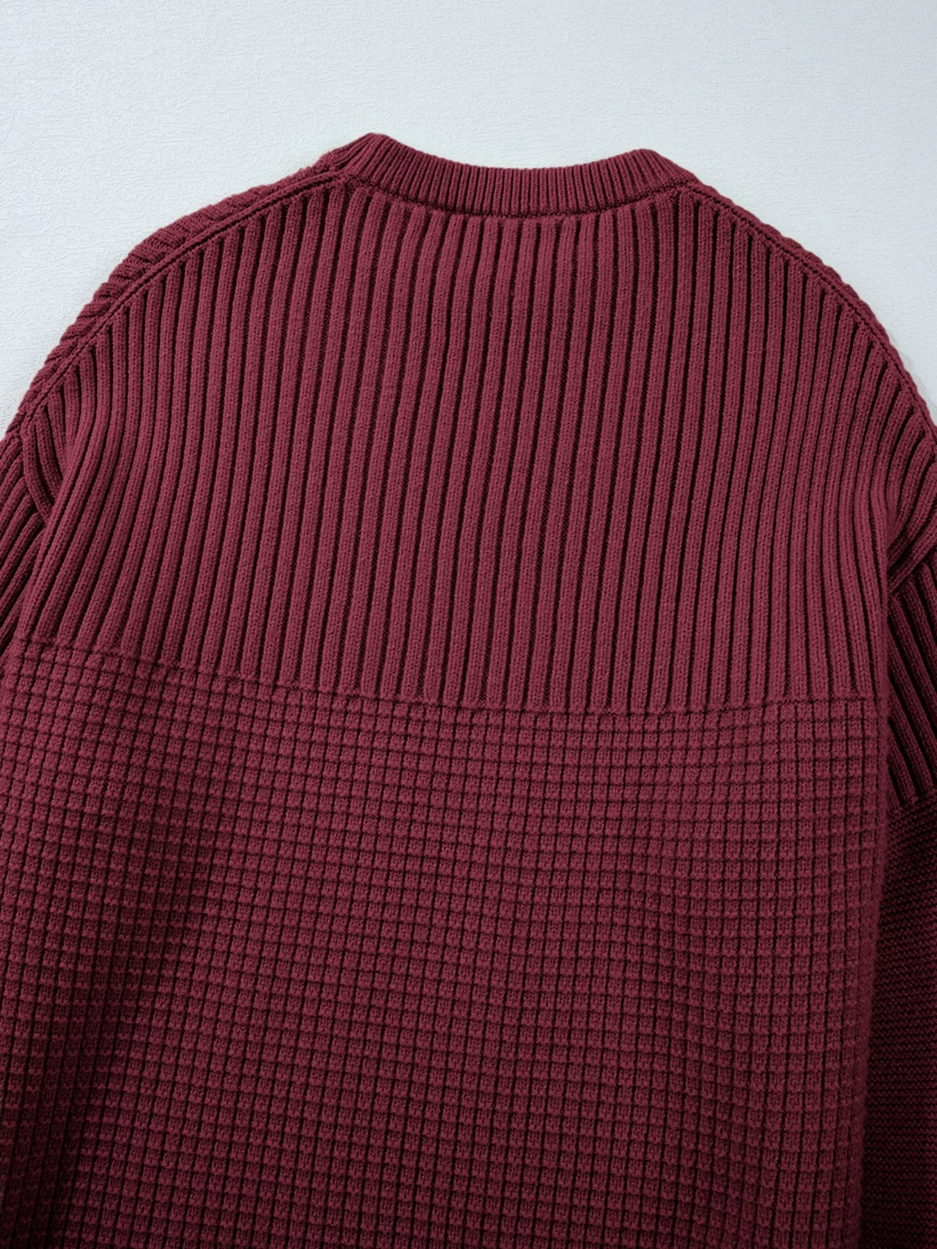 Solid Color Mixed Textured Knitted Crew Neck Sweater-Nordavory