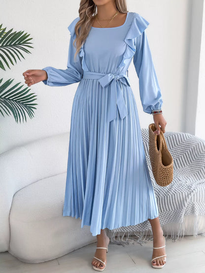 Ruffle Trim Pleated A-Line Midi Dress-Nordavory