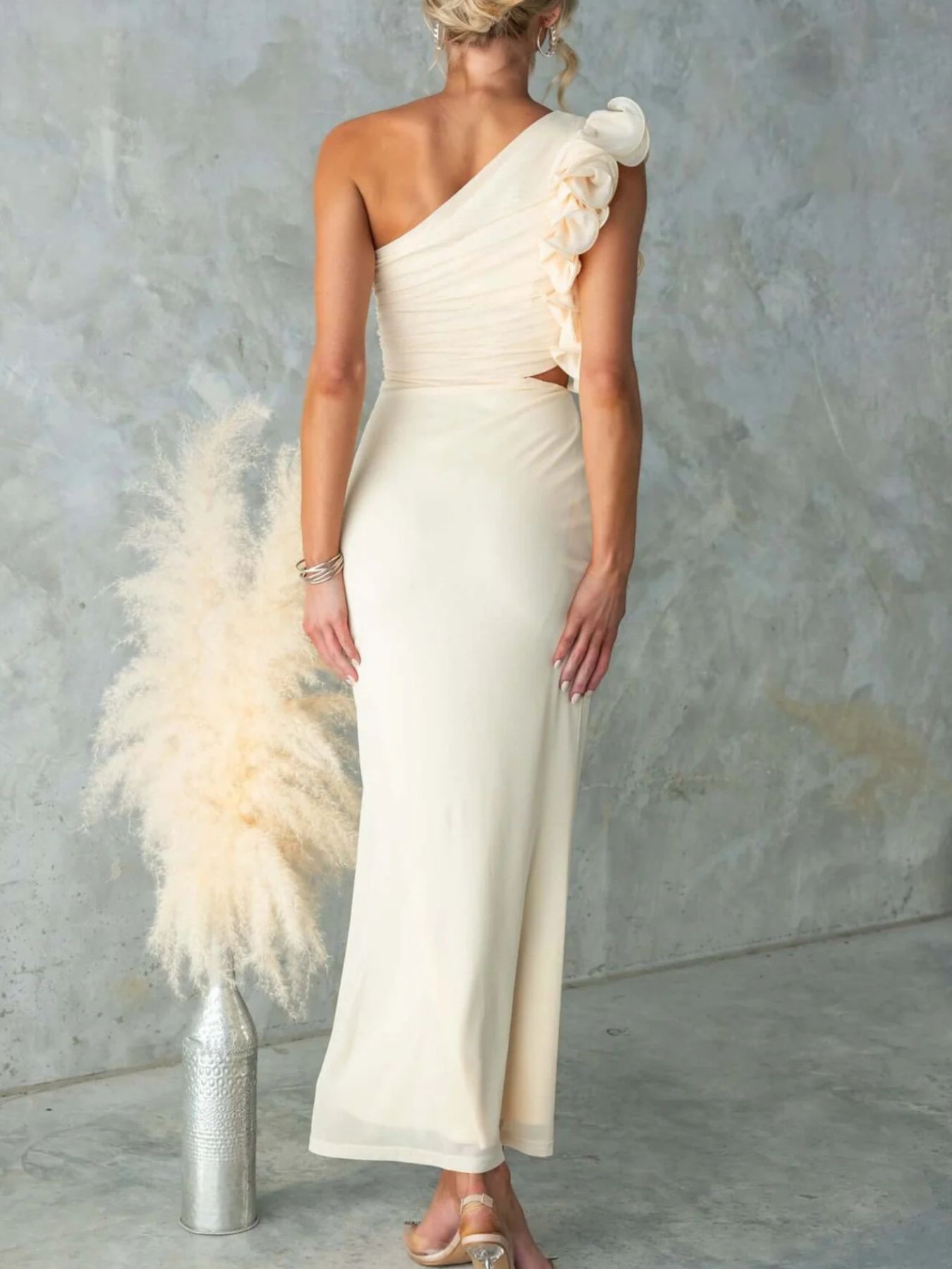 One-Shoulder Floral Trim Sleeveless Maxi Dress-Nordavory