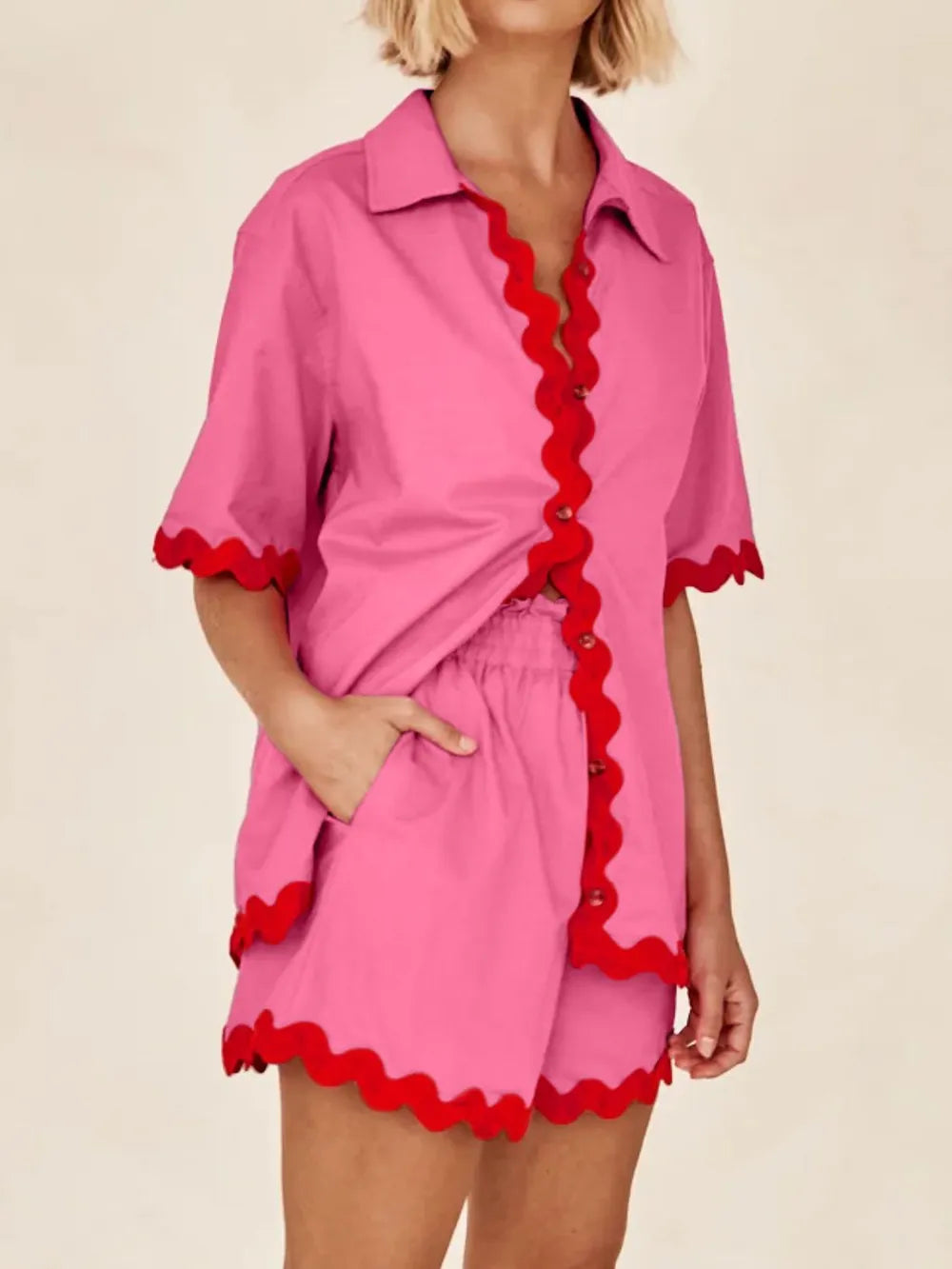 Contrast Trim Half Sleeve Top and Shorts Set-Nordavory