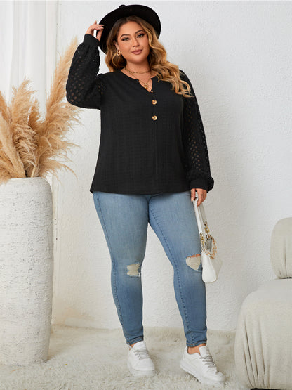 Honey Plus Size Openwork Notched Button Front Blouse-Nordavory