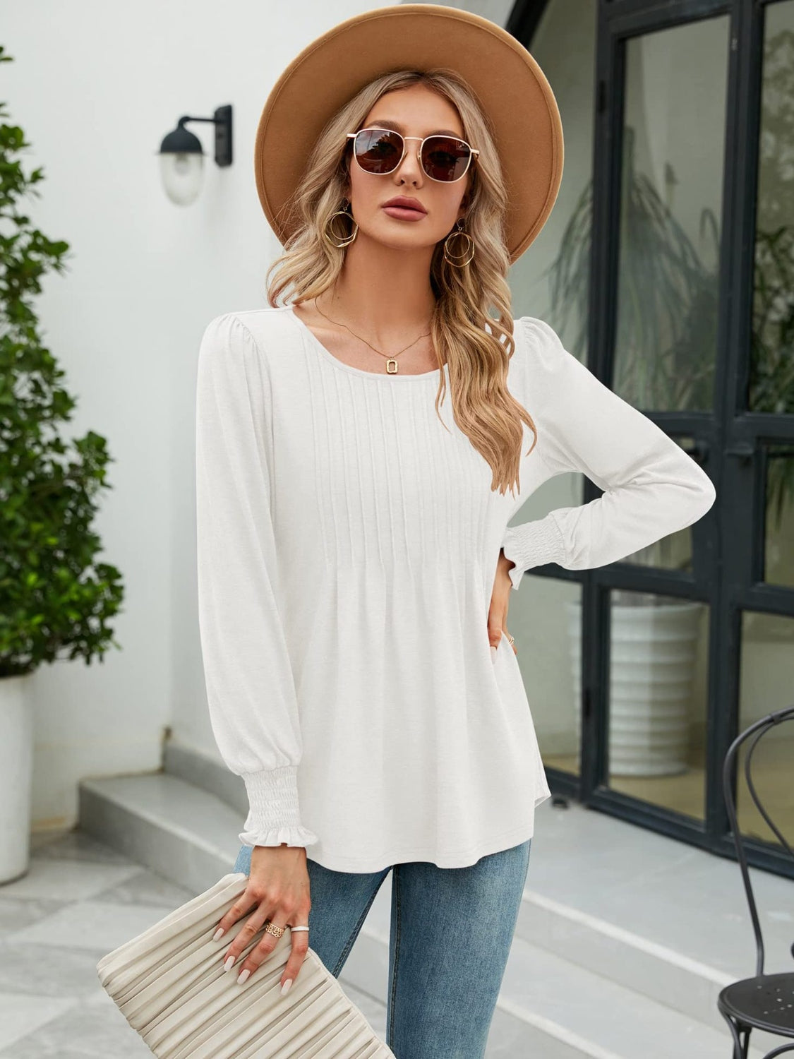 Smocked Round Neck Lantern Sleeve Blouse-Nordavory