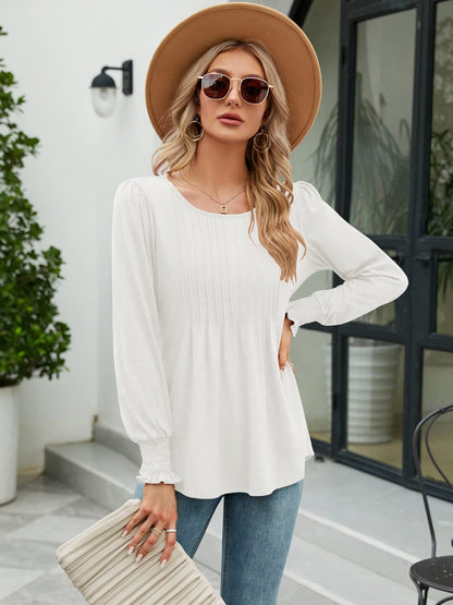 Smocked Round Neck Lantern Sleeve Blouse-Nordavory