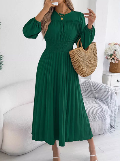 Smocked Pleated Long Sleeve Midi Dress-Nordavory