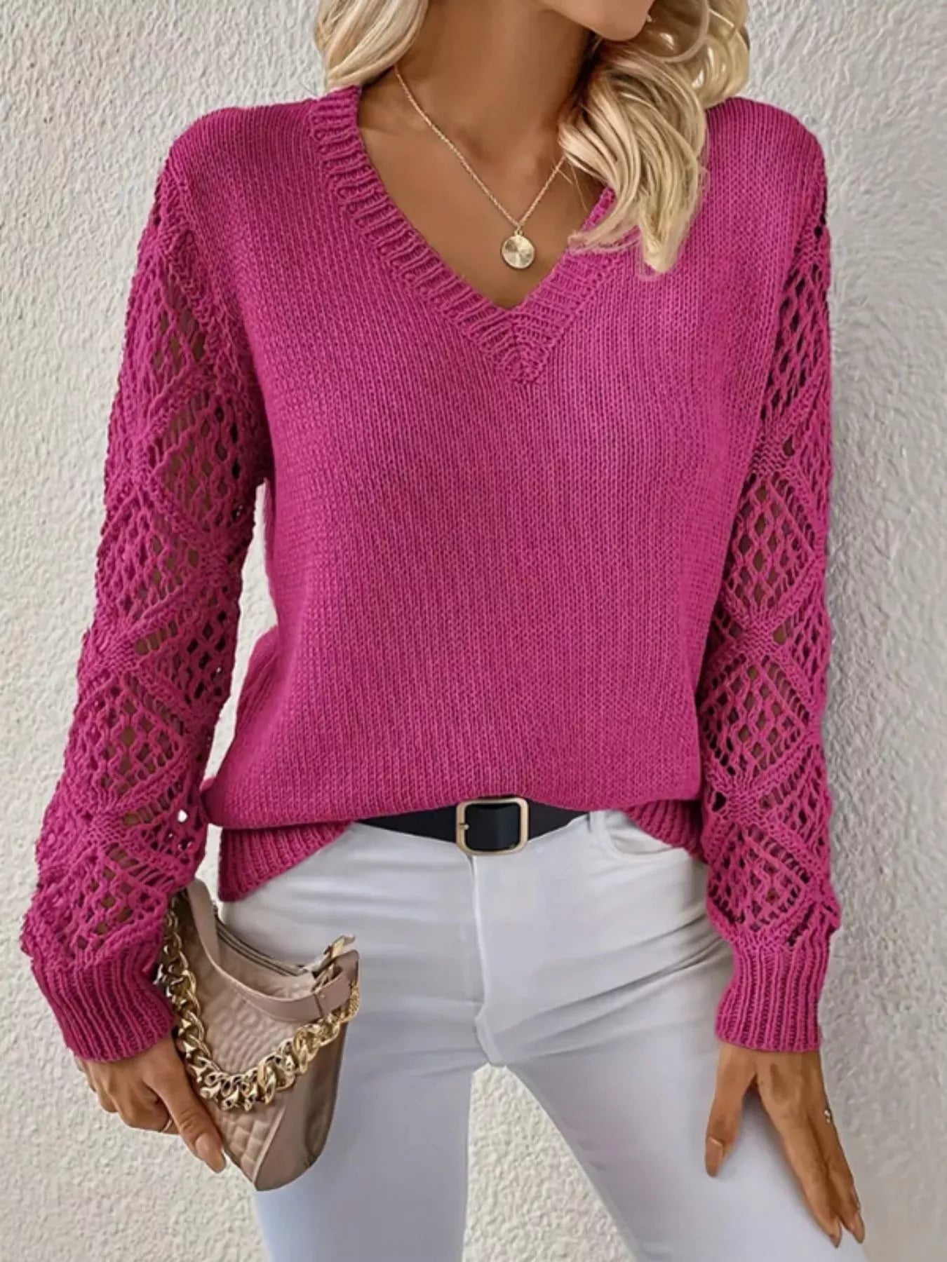 V-Neck Crochet Sleeve Sweater-Nordavory