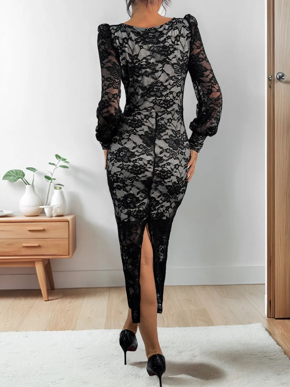 Perfee Lace Sweetheart Neck Long Sleeve Midi Dress-Nordavory