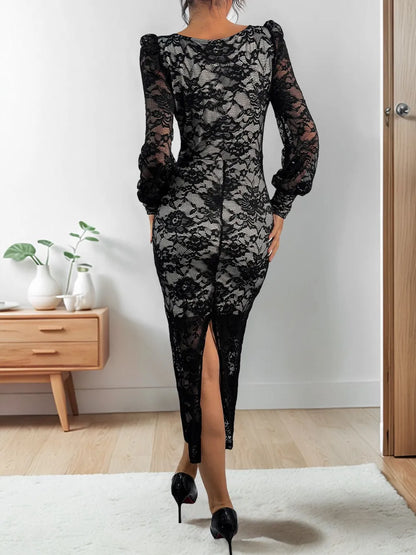 Perfee Lace Sweetheart Neck Long Sleeve Midi Dress-Nordavory
