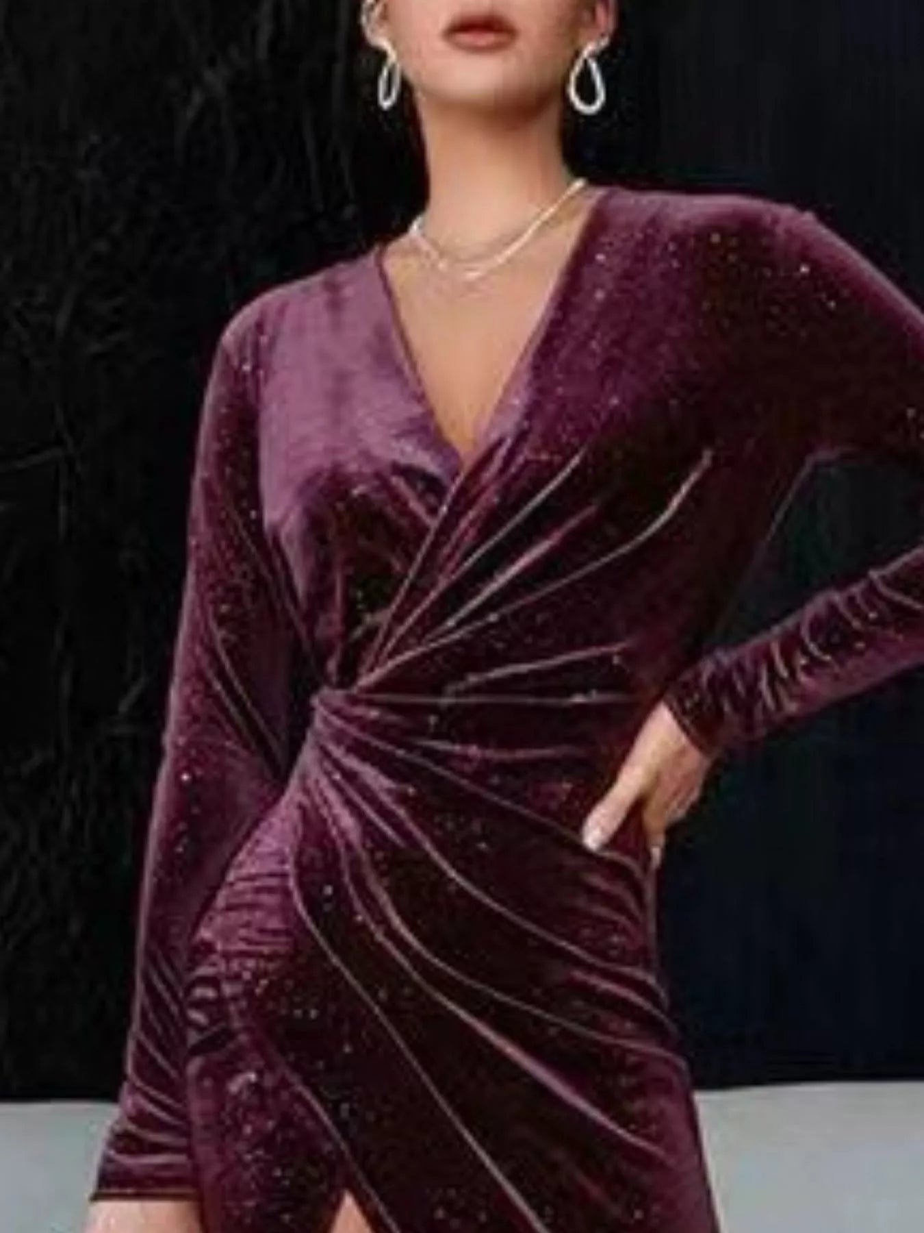 Velvet Ruched Slit Midi Dress-Nordavory