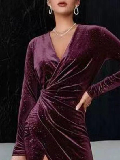 Velvet Ruched Slit Midi Dress-Nordavory