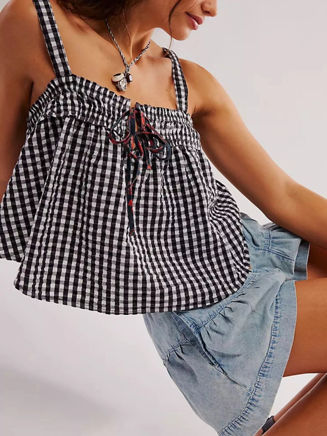 Smocked Gingham Tie-Front Cami-Nordavory