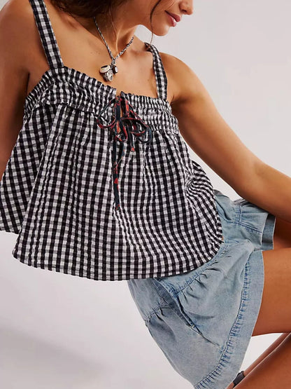 Smocked Gingham Tie-Front Cami-Nordavory