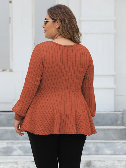 Plus Size Ribbed V-Neck Long Sleeve Blouse-Nordavory