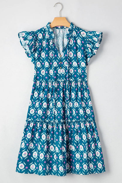 Printed Tie Neck Ruffled Cap Sleeve Dress-Nordavory