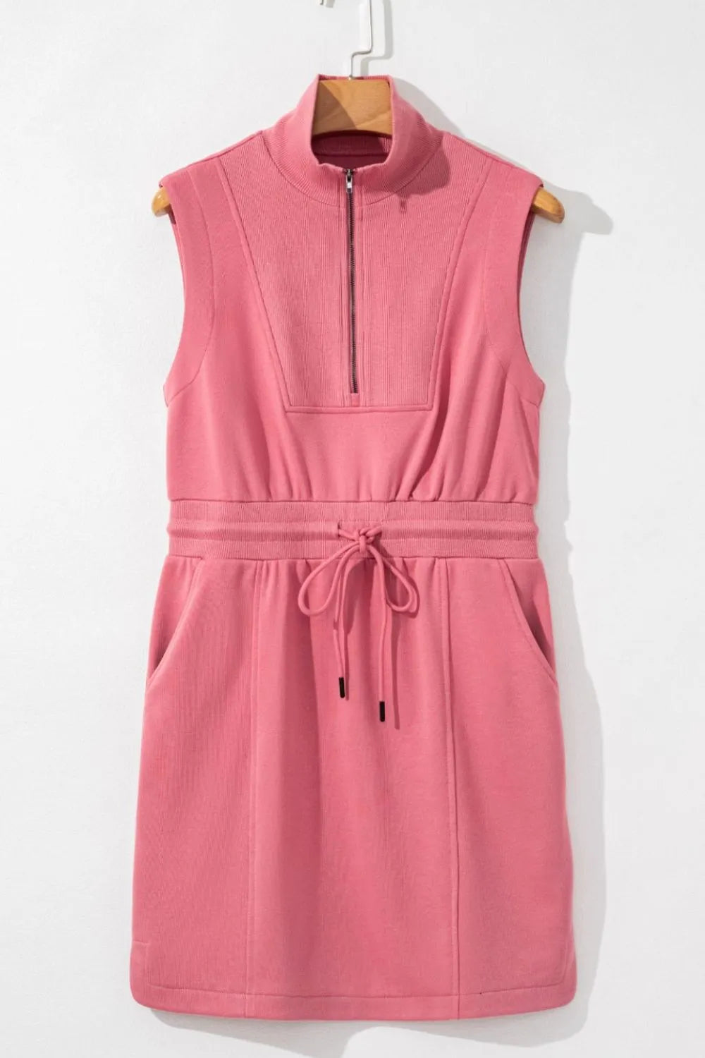 French Terry Zipped Collar Sleeveless Drawstring Waist Mini Dress-Nordavory