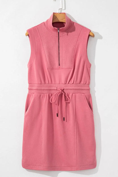 French Terry Zipped Collar Sleeveless Drawstring Waist Mini Dress-Nordavory