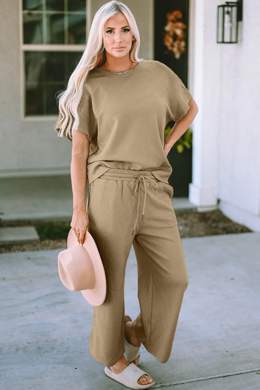 Double Take Full Size Texture Short Sleeve Top and Pants Set-Nordavory