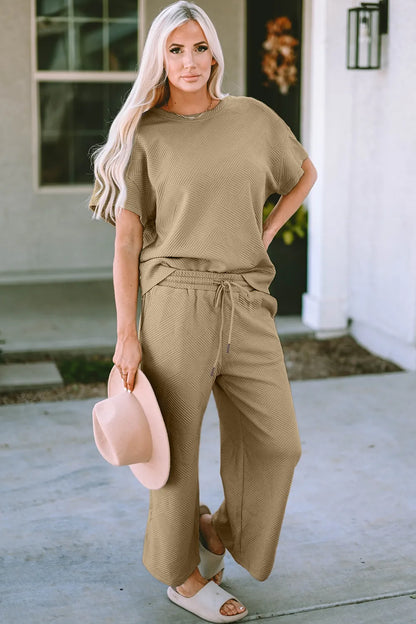 Double Take Full Size Texture Short Sleeve Top and Pants Set-Nordavory