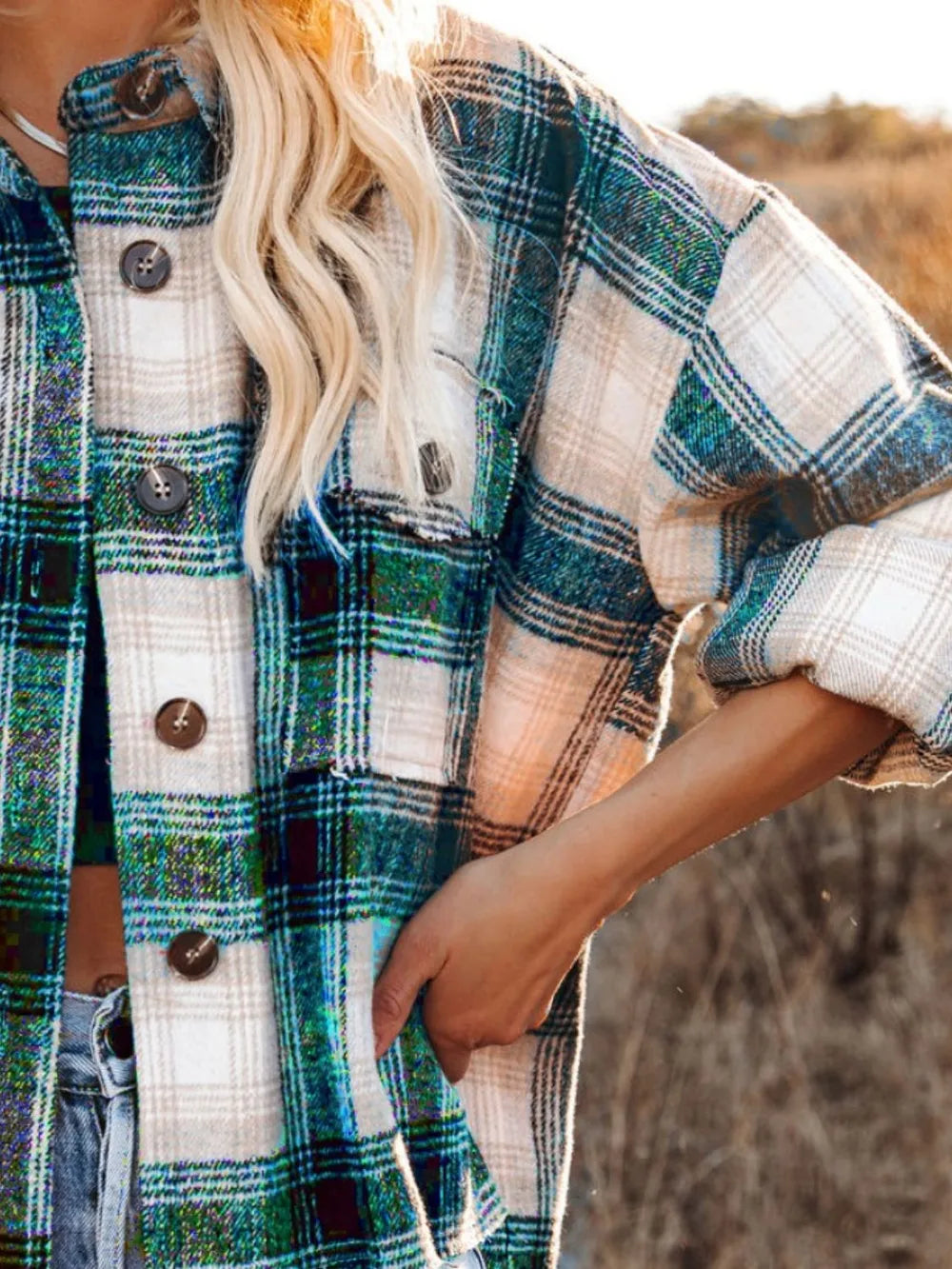 Pocketed Plaid Button Down Long Sleeve Shacket-Nordavory