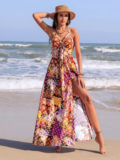 Slit Printed Halter Neck Cami Dress-Nordavory