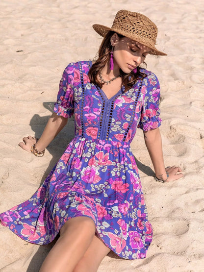 Floral Print V-Neck Mini Dress-Nordavory