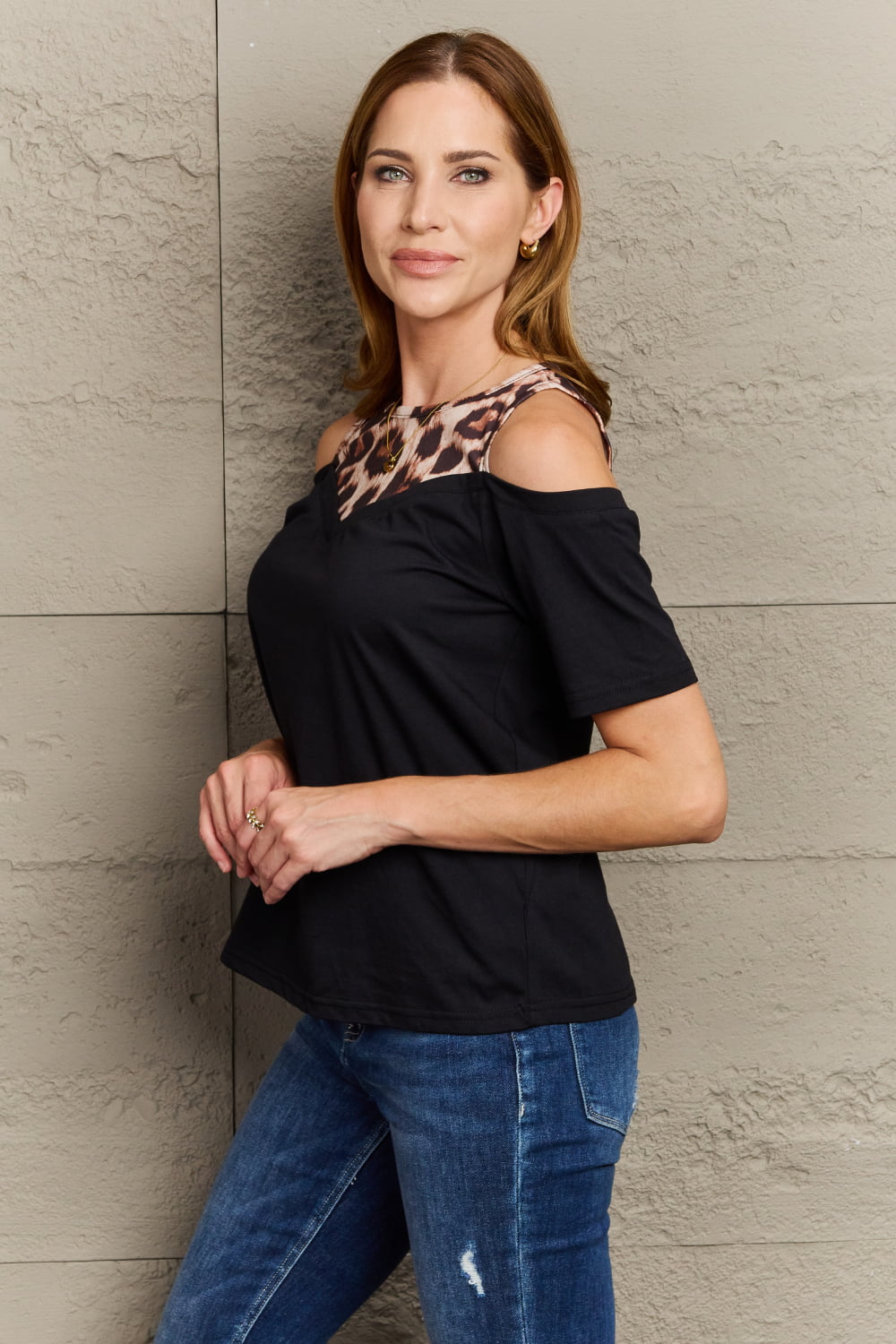 Perfee Leopard Print Round Neck Cold Shoulder Blouse-Nordavory