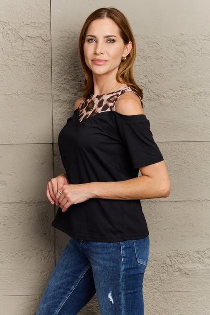 Perfee Leopard Print Round Neck Cold Shoulder Blouse-Nordavory