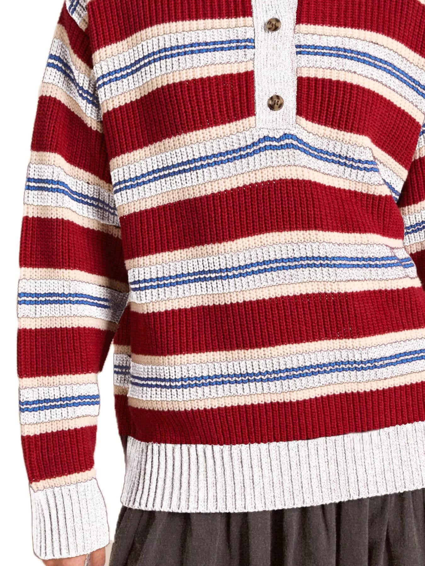 Striped Button Detail Polo Collar Sweater-Nordavory