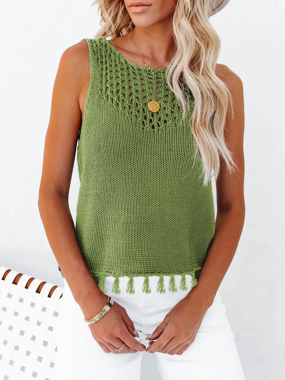 Cutout Tassel Round Neck Tank-Nordavory