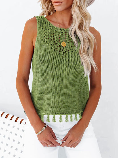 Cutout Tassel Round Neck Tank-Nordavory