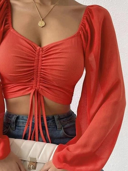 Drawstring Sweetheart Neck Cropped Top-Nordavory