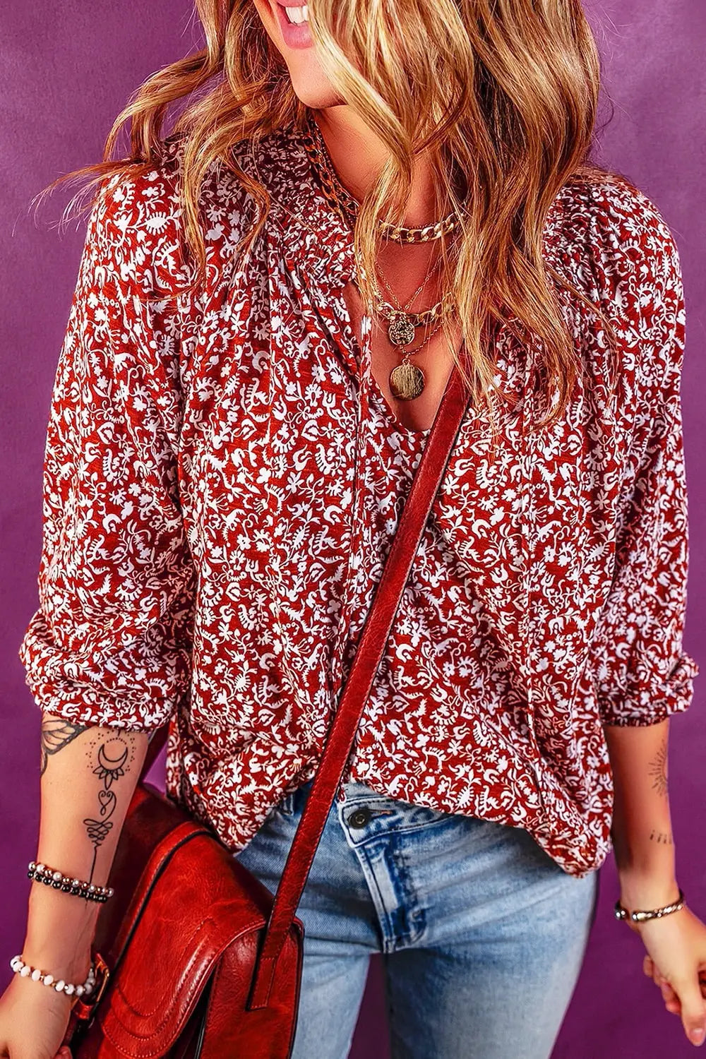 Printed Tie Neck Balloon Sleeve Blouse-Nordavory