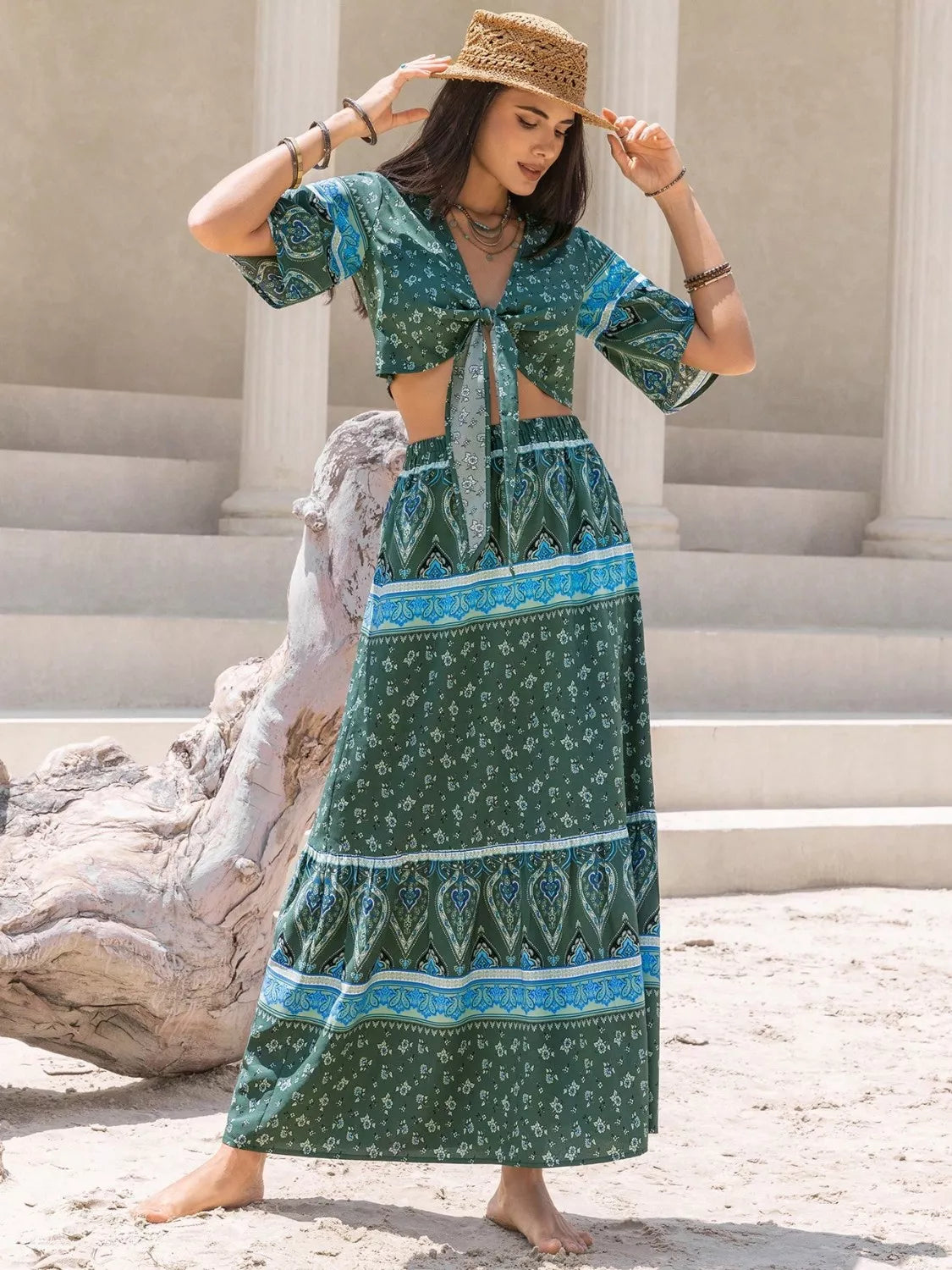 Tie Front Half Sleeve Top and Skirt Set-Nordavory