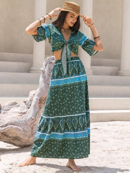 Tie Front Half Sleeve Top and Skirt Set-Nordavory
