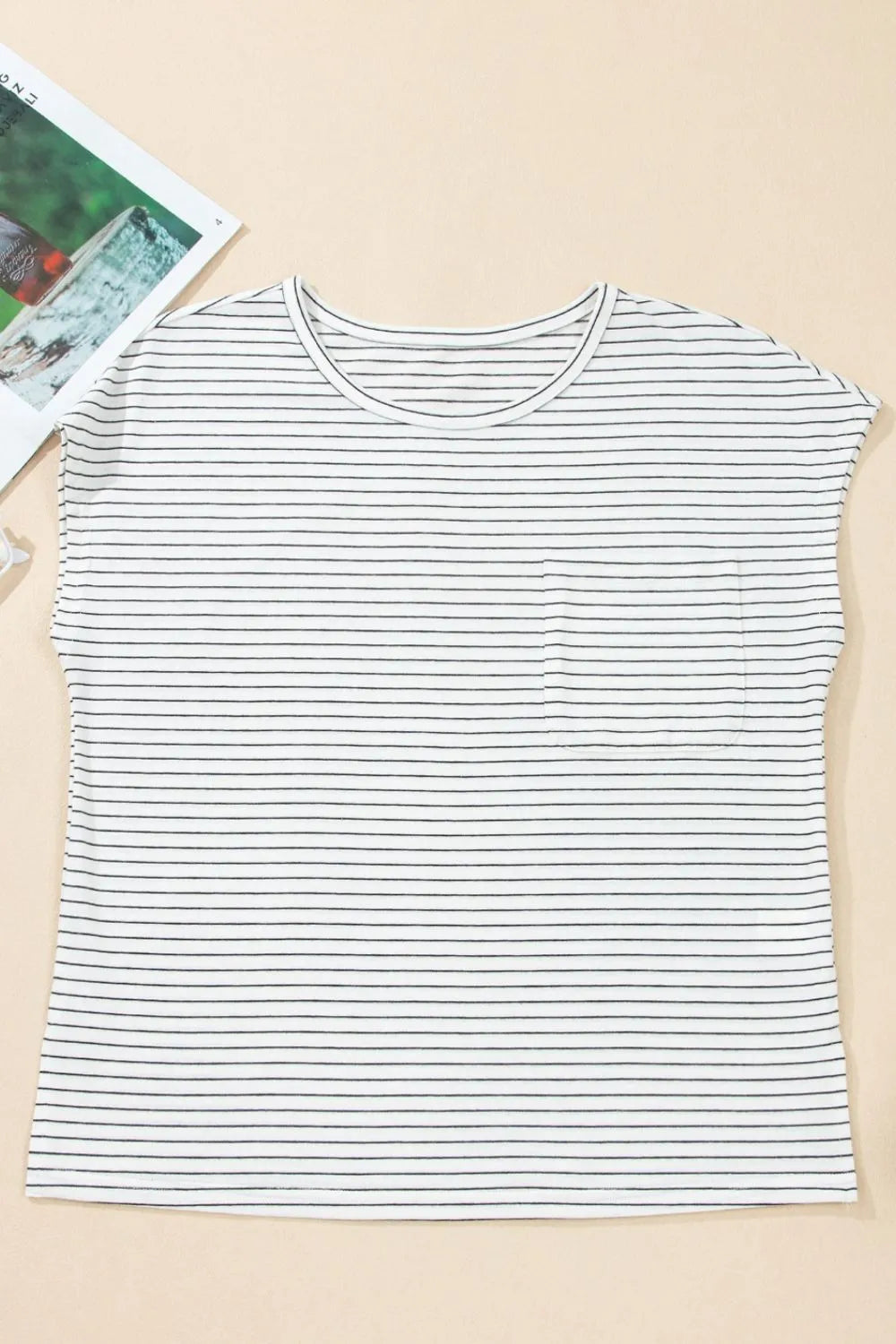 Stripe Cap Sleeve Crew Neck Casual Tee with Chest Pocket-Nordavory