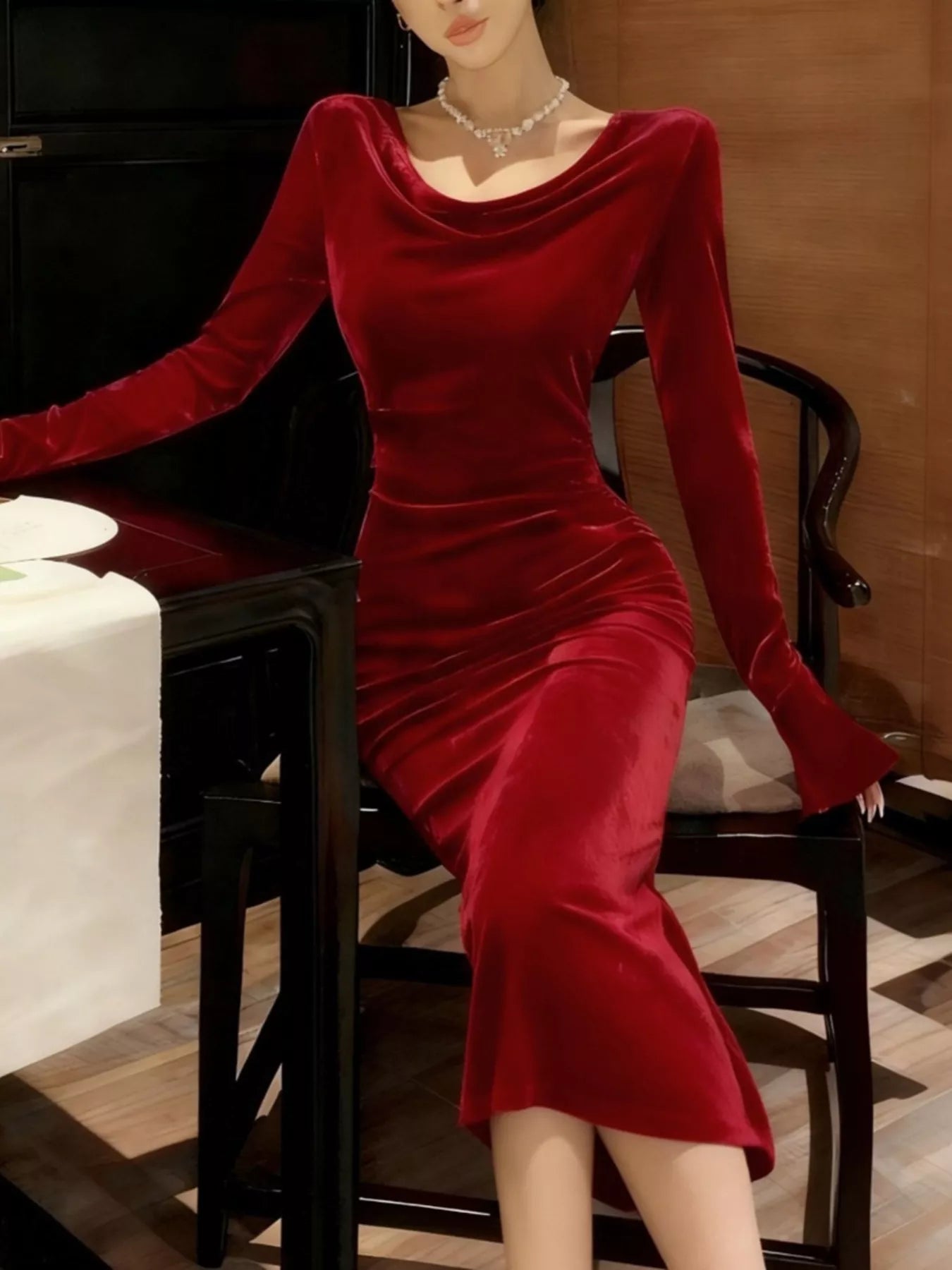 Velvet Cowl Neck Long Sleeve Midi Dress-Nordavory