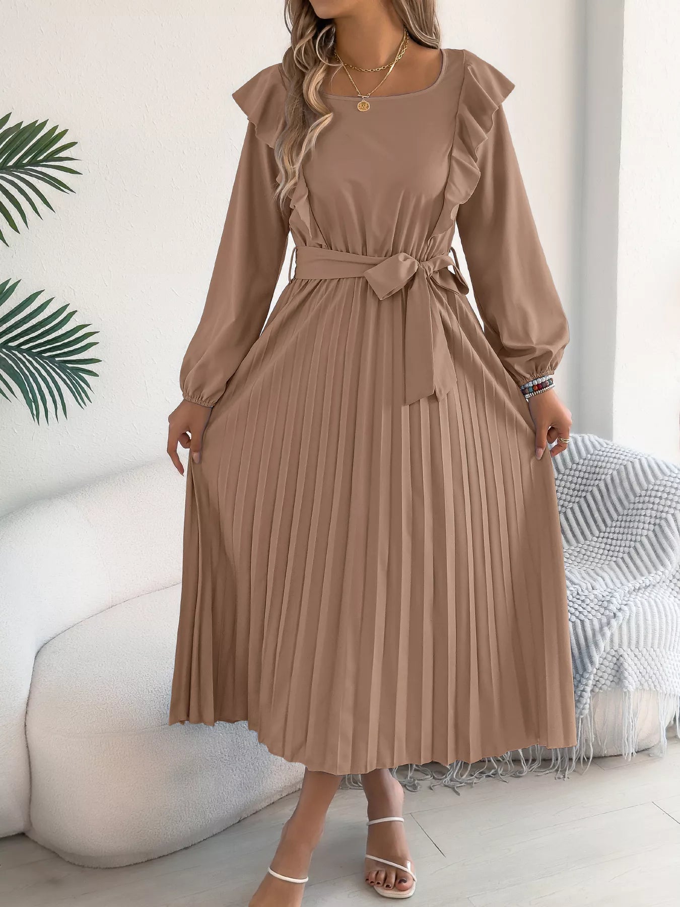 Ruffle Trim Pleated A-Line Midi Dress-Nordavory