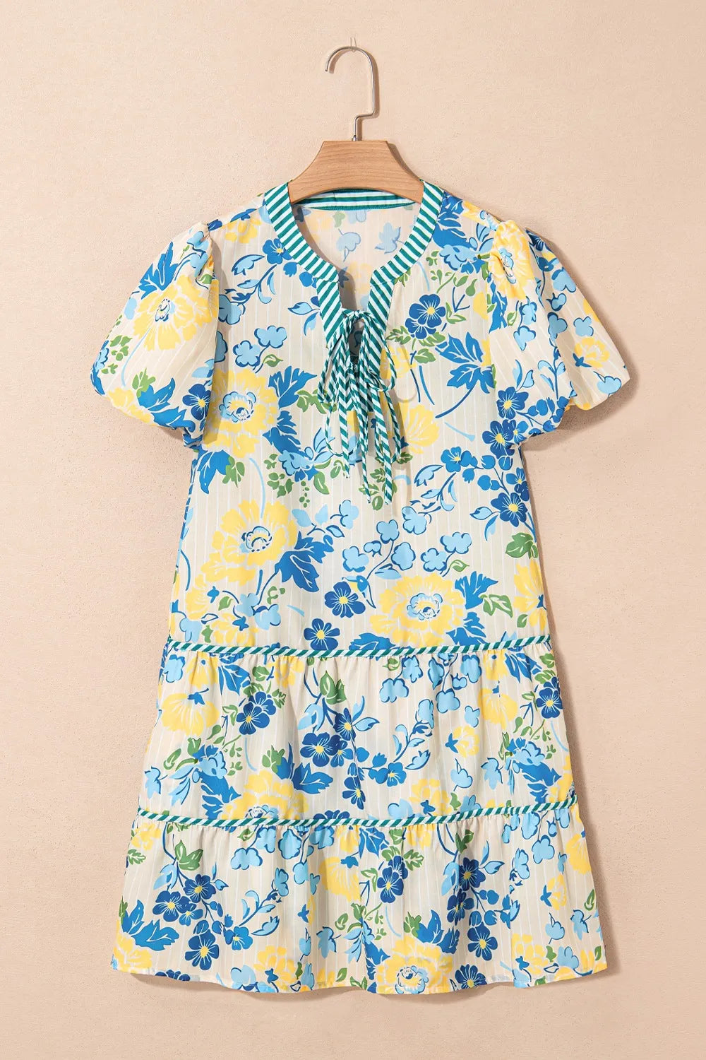 Floral Striped Trim Puff Short Sleeve Dress-Nordavory