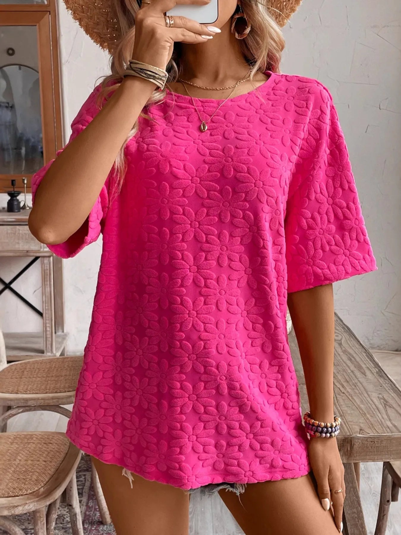 Textured Round Neck Oversized T-Shirt-Nordavory