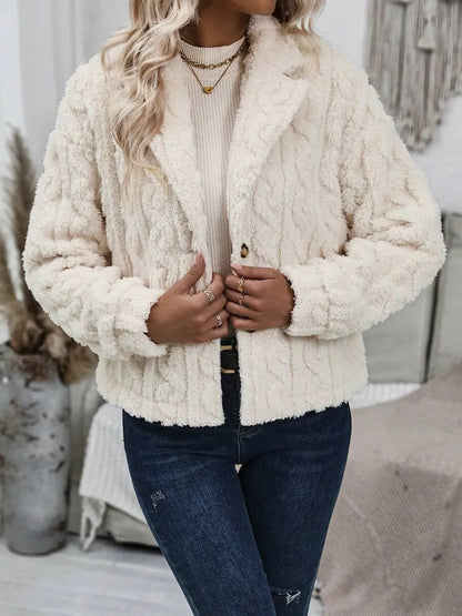 Fuzzy Button Up Collared Neck Jacket-Nordavory