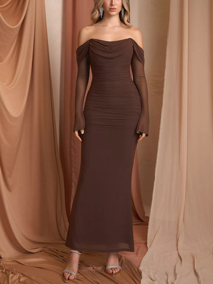 Off-Shoulder Ruched Mermaid Maxi Dress-Nordavory