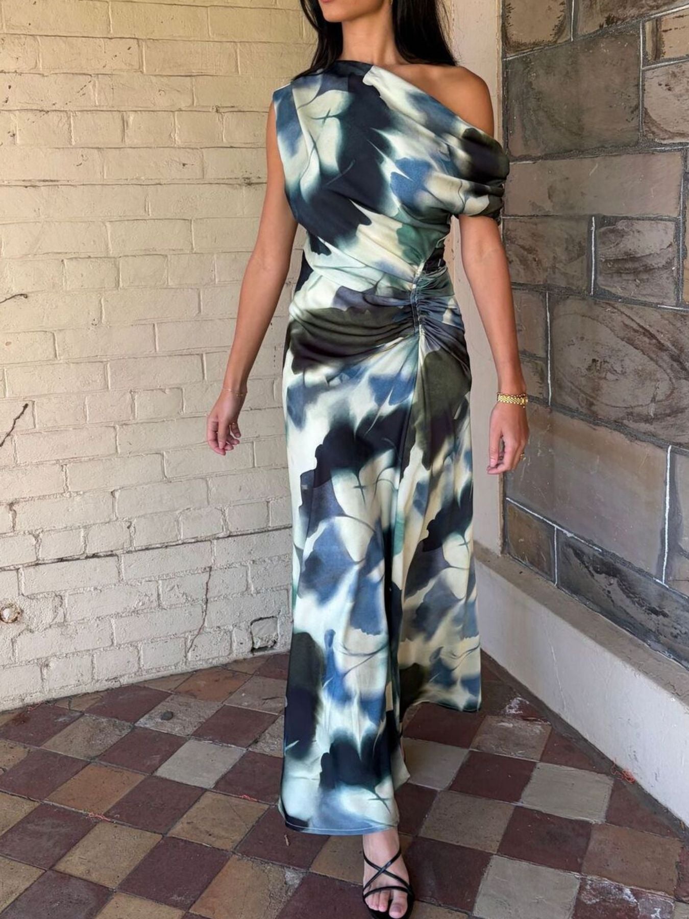 One-Shoulder Floral Print Maxi Dress-Nordavory