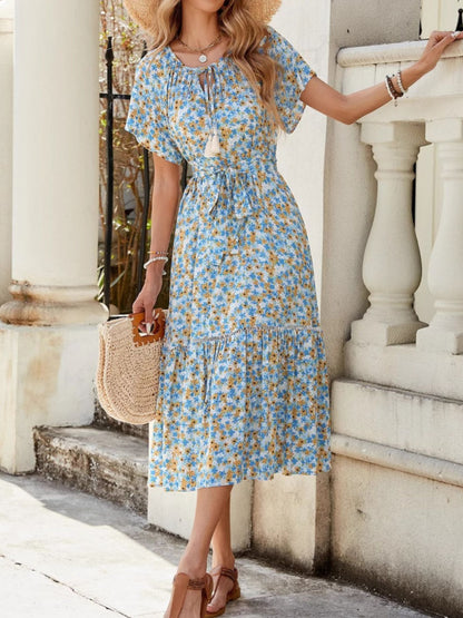 Floral Print Ruffle Hem Tie Front Midi Dress-Nordavory