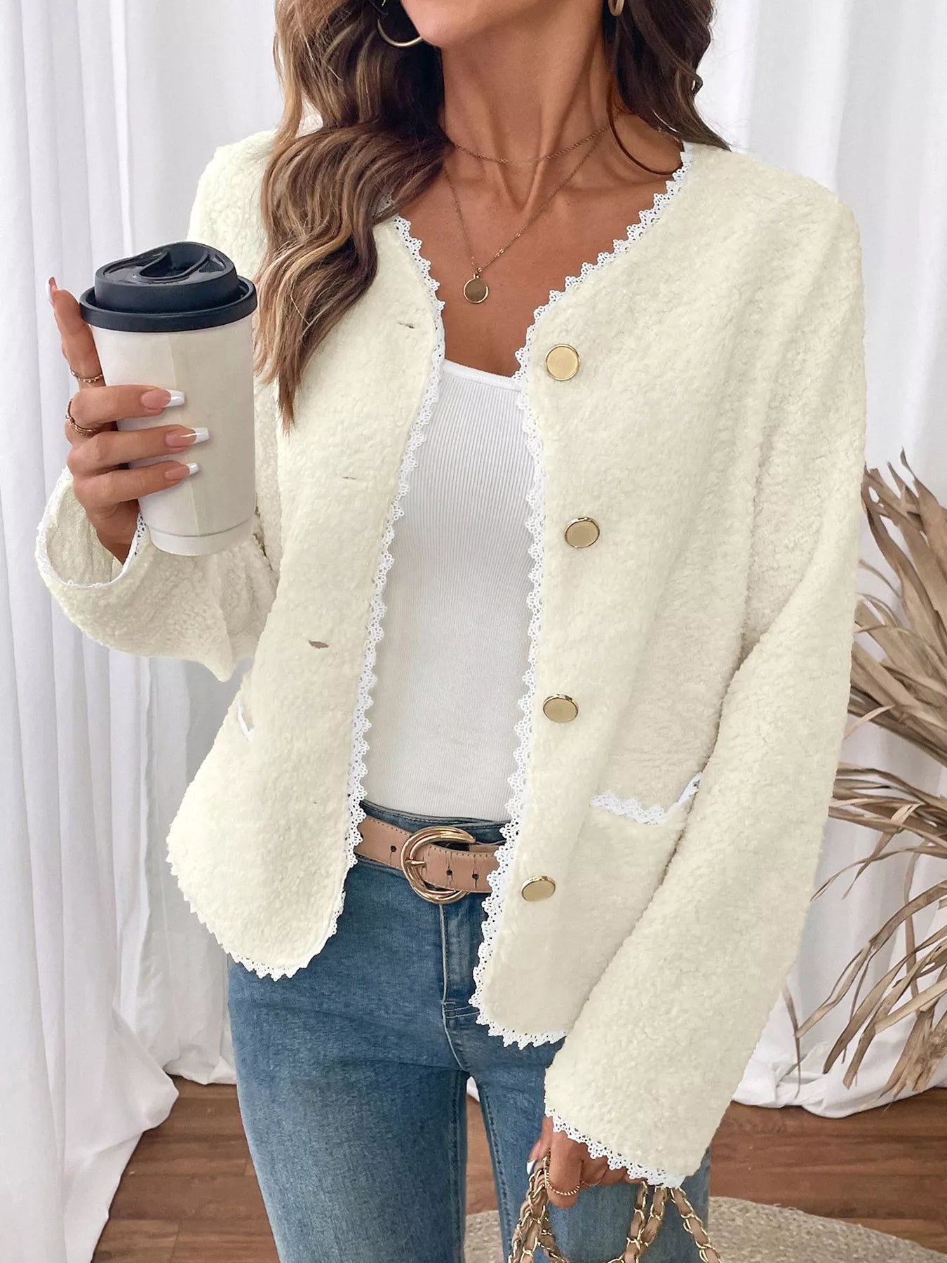 Lace Detail Button Up Long Sleeve Outerwear-Nordavory