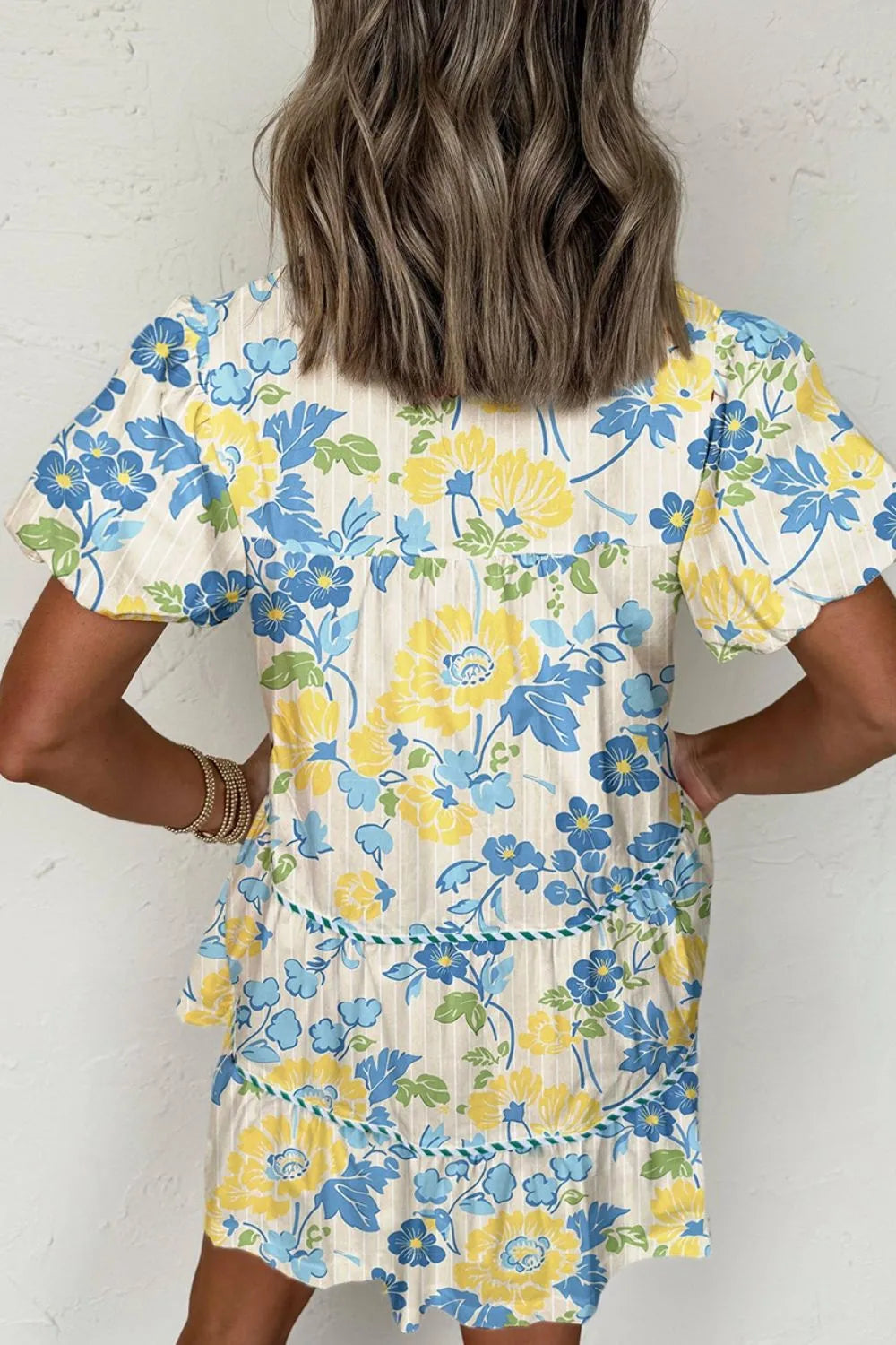 Floral Striped Trim Puff Short Sleeve Dress-Nordavory
