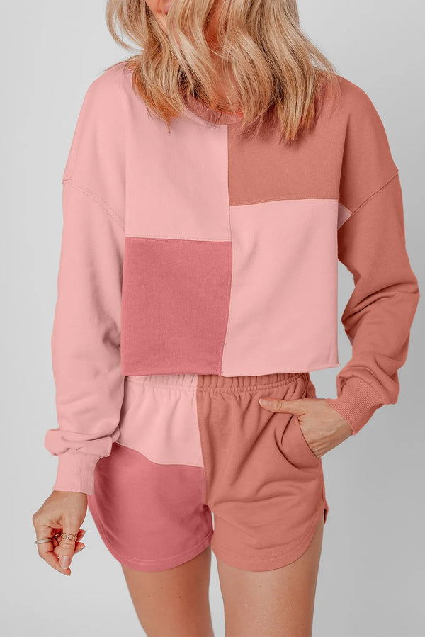 Color Block Round Neck Top and Shorts Set-Nordavory