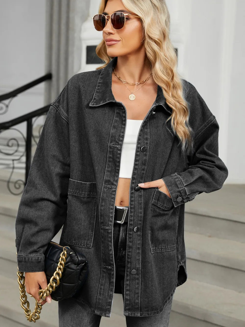 Removable Hood Button Up Long Sleeve Denim Jacket-Nordavory