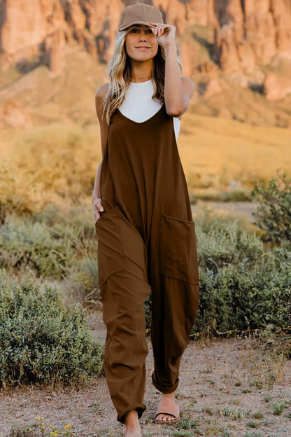 Double Take Full Size V-Neck Sleeveless Jumpsuit with Pockets-Nordavory