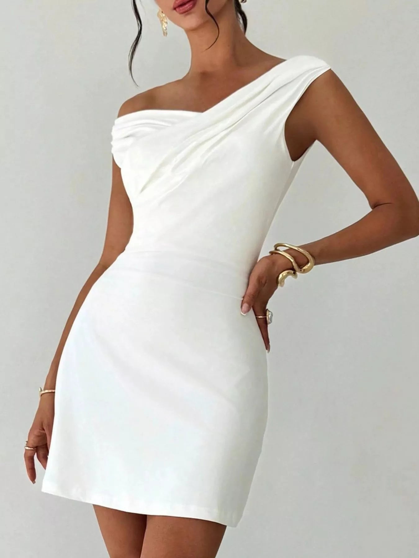 Elegant Off-Shoulder Draped Mini Dress-Nordavory